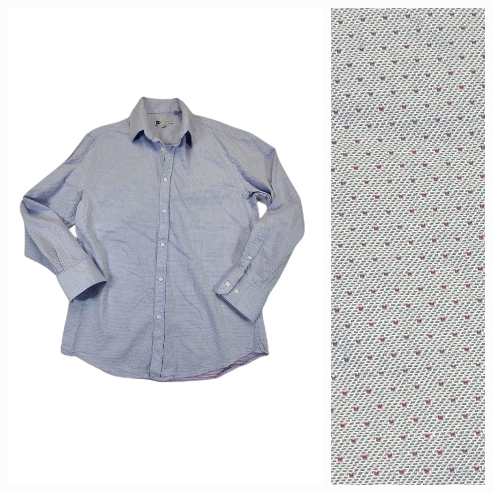 Bachrach Slim Fit Dress Shirt Blue Pink Polka Dot 16 Neck 32 x 33